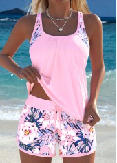 Mid Waisted Floral Print Drawstring Light Pink Tankini Set