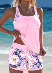 Mid Waisted Floral Print Drawstring Light Pink Tankini Set