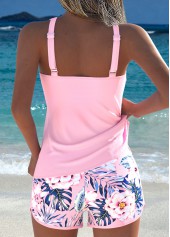 Mid Waisted Floral Print Drawstring Light Pink Tankini Set