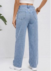 Denim Blue Straight Leg Zipper Fly High Waisted Jeans