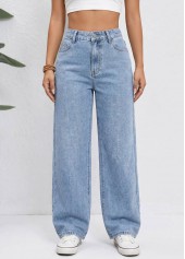 Denim Blue Straight Leg Zipper Fly High Waisted Jeans