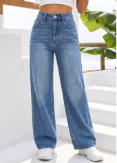 Denim Blue Wide Leg Zipper Fly High Waisted Jeans
