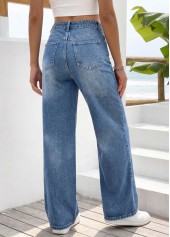Denim Blue Wide Leg Zipper Fly High Waisted Jeans