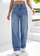 Denim Blue Wide Leg Zipper Fly High Waisted Jeans