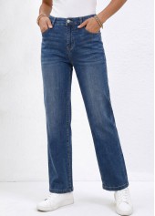 Denim Blue Straight Leg Zipper Fly High Waisted Jeans