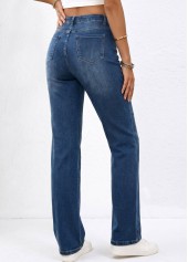 Denim Blue Straight Leg Zipper Fly High Waisted Jeans