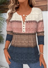 Striped Tuck Stitch Multi Color Long Sleeve T Shirt