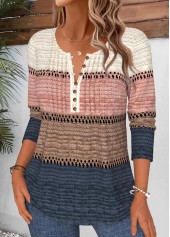 Striped Tuck Stitch Multi Color Long Sleeve T Shirt