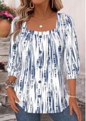Geometric Print Button Blue 3/4 Sleeve T Shirt