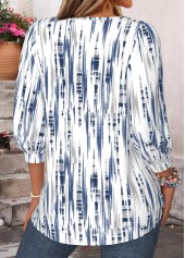 Geometric Print Button Blue 3/4 Sleeve T Shirt