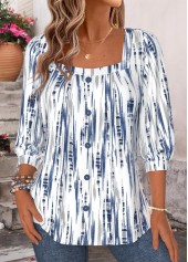 Geometric Print Button Blue 3/4 Sleeve T Shirt
