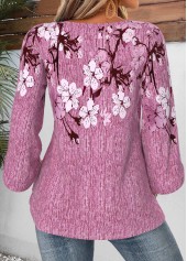 Floral Print Button Violet 3/4 Sleeve Round Neck Blouse