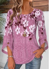 Floral Print Button Violet 3/4 Sleeve Round Neck Blouse