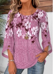 Floral Print Button Violet 3/4 Sleeve Round Neck Blouse