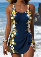 Floral Print Tie Navy One Piece Swimdress