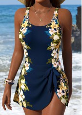 Floral Print Tie Navy One Piece Swimdress
