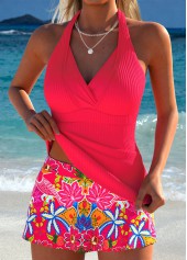 Mid Waisted Floral Print Fake 2in1 Tankini Set