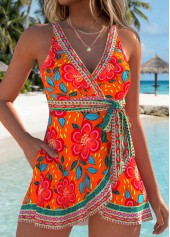 Floral Print Layered Orange One Piece Swimdress