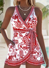 Random Floral Print Bowknot Brick Red One Piece Swimdress