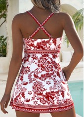 Random Floral Print Bowknot Brick Red One Piece Swimdress