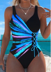 Dazzle Colorful Print Lace Up Black One Piece Swimwear
