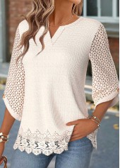 Curved Hem Beige 3/4 Sleeve Split Neck Blouse