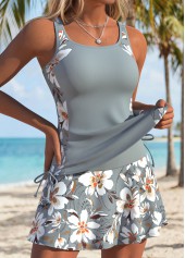 Mid Waisted Floral Print Patchwork Light Grey Tankini Set