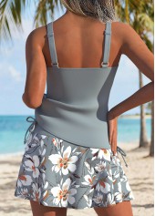 Mid Waisted Floral Print Patchwork Light Grey Tankini Set
