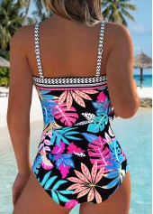 Mid Waisted Floral Print Tummy Coverage Black Tankini Set