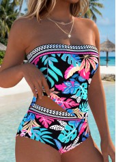 Mid Waisted Floral Print Tummy Coverage Black Tankini Set