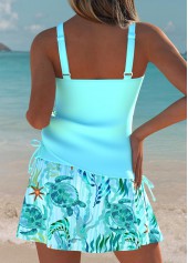 Mid Waisted Marine Life Print Bowknot Cyan Tankini Set