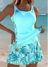 Mid Waisted Marine Life Print Bowknot Cyan Tankini Set