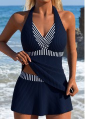 Mid Waisted Striped Fake 2in1 Navy Tankini Set