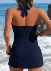 Mid Waisted Striped Fake 2in1 Navy Tankini Set
