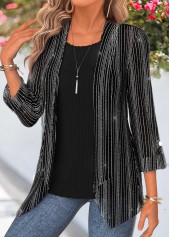 Two-piece Black 3/4 Sleeve Cardigan and Tank Top