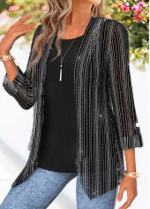 Two-piece Black 3/4 Sleeve Cardigan and Tank Top