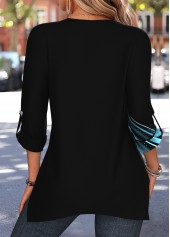 Ombre Handkerchief Hem Black 3/4 Sleeve Split Neck Blouse