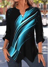 Ombre Handkerchief Hem Black 3/4 Sleeve Split Neck Blouse