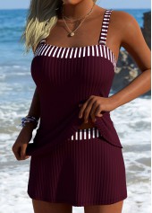 Mid Waisted Striped Wine Red Tankini Set