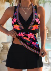 Mid Waisted Random Floral Print Layered Black Tankini Set