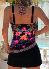 Mid Waisted Random Floral Print Layered Black Tankini Set