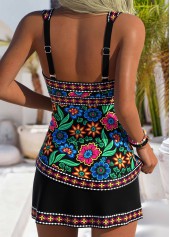 Mid Waisted Floral Print Tummy Coverage Black Tankini Set