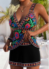 Mid Waisted Floral Print Tummy Coverage Black Tankini Set