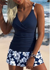 Mid Waisted Floral Print Surplice Navy Tankini Set