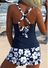 Mid Waisted Floral Print Surplice Navy Tankini Set