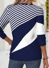 Geometric Print Curved Hem Navy Long Sleeve T Shirt