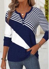 Geometric Print Curved Hem Navy Long Sleeve T Shirt