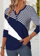 Geometric Print Curved Hem Navy Long Sleeve T Shirt