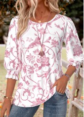 Floral Print Smocked Light Pink 3/4 Sleeve Blouse