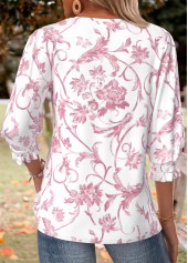 Floral Print Smocked Light Pink 3/4 Sleeve Blouse